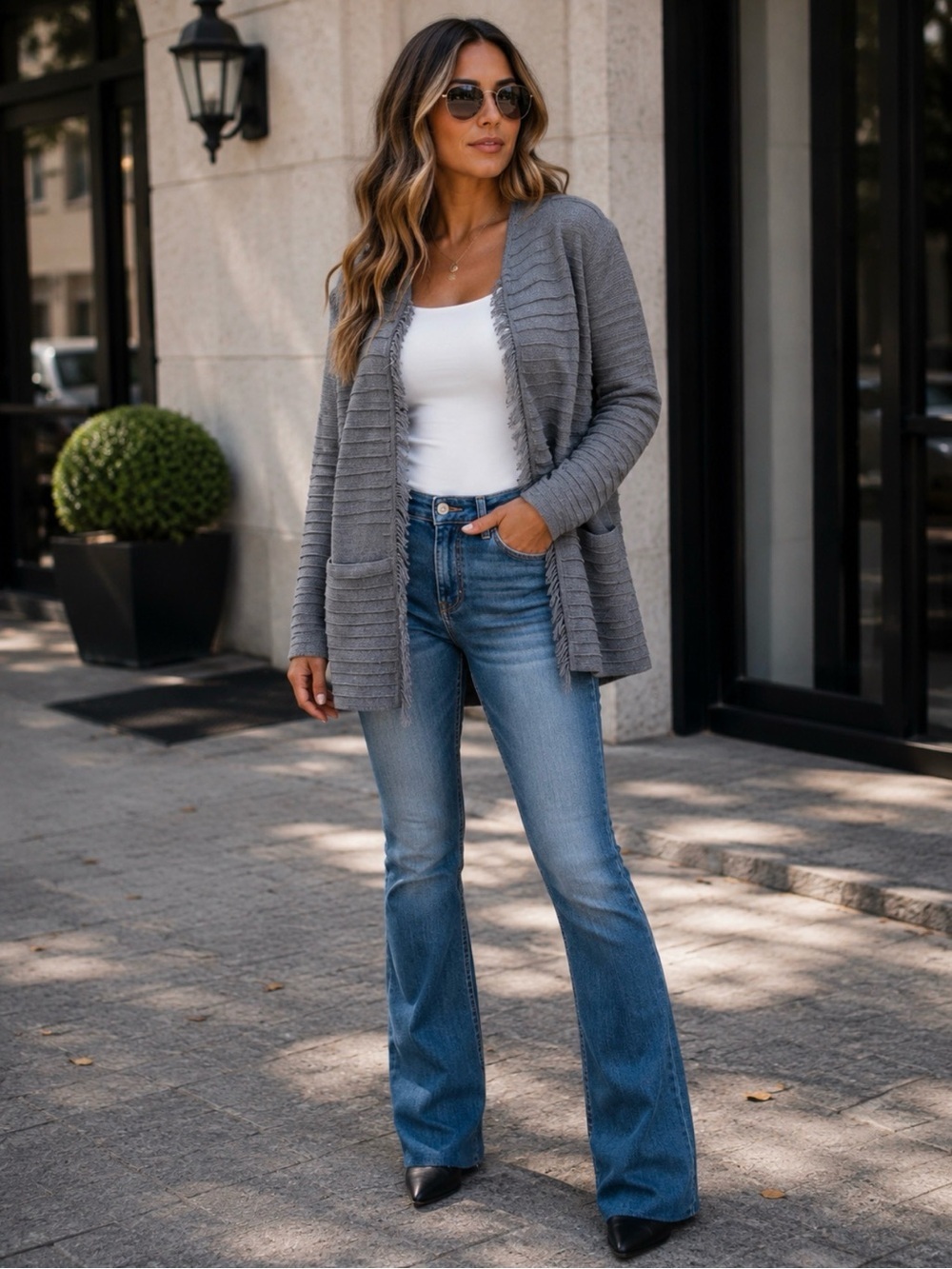 Talbots 100% Marino Wool Gray Ribbed Open-Front Cardigan